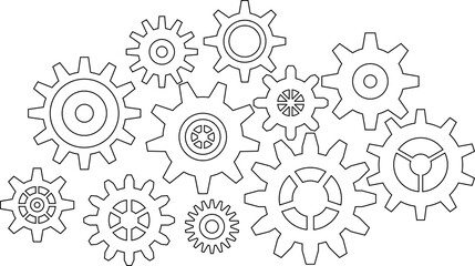 Gears icon set. Connected cogs, cogwheel gears illustration