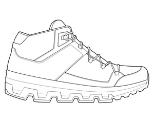 Hiking boots illustration. Outline vector boots. Side view hiking boots isolated with white background.
