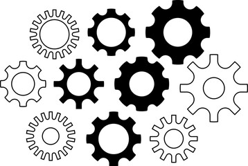 Gears icon set. Connected cogs, cogwheel gears illustration