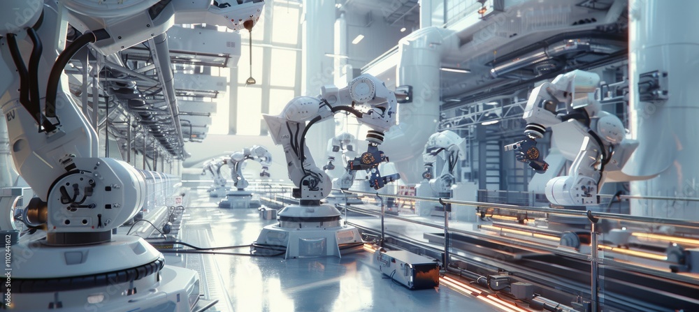 Poster futuristic drone production line with engineers and robotic precision in a state-of-the-art factory