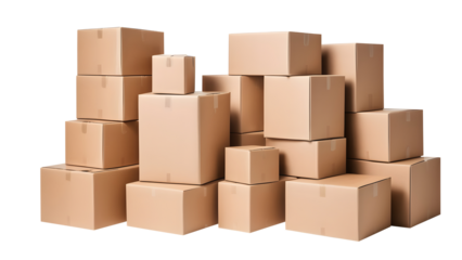 Cardboard boxes arranged neatly, isolated on a transparent or white background.
