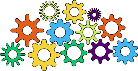 Gears icon set. Connected cogs, cogwheel gears illustration