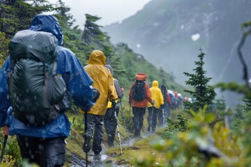Determined Hikers Trekking Through Rainy Mountain Trail with Gear and Raincoats