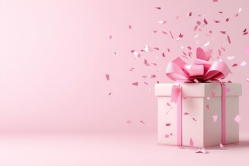 Pink gift box exploding with pink confetti on a pink background, celebrating a special occasion