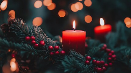 Obraz premium Festive Red Candles Surrounded by Greenery and Christmas Lights