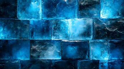 Symmetrical Ice Blocks Illuminated with Cool Blue Hues Forming a Crystal-Like Winter Wall Design