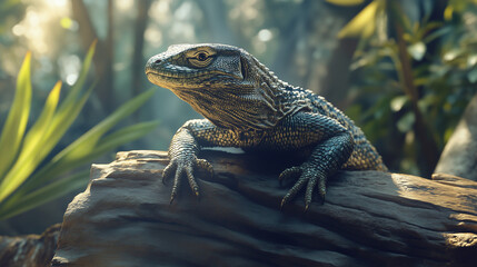 Fototapeta premium A majestic monitor lizard basking on a wooden log in a lush forest