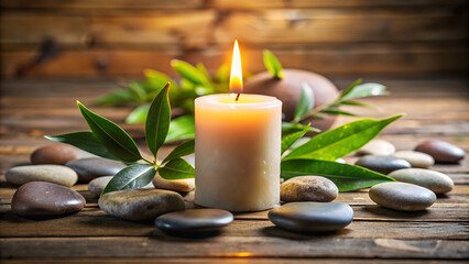 Single lit candle with a soft flame on a wooden surface, surrounded by smooth stones and leaves, creating a tranquil and meditative vibe