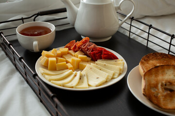 A view of a catered breakfast in bed tray.