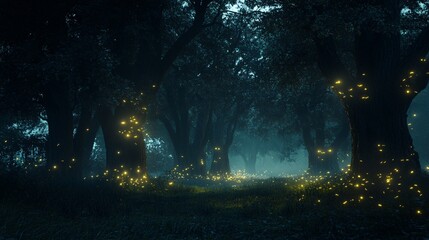 Obraz premium Enchanted Forest at Night with Fireflies