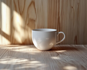 Fototapeta premium Mockup mockup showcases a white cylindrical cup filled with tea, placed on soft textiles beside books and a lit candle, creating a warm ambiance for relaxation.