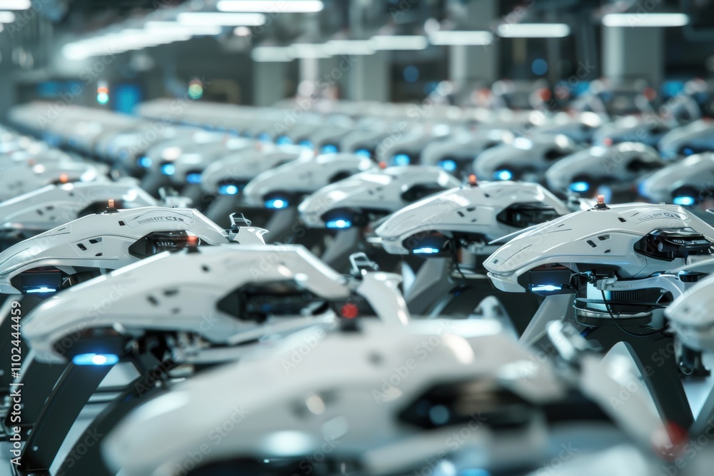 Poster futuristic drone assembly in a modern factory - technology and robotics in manufacturing