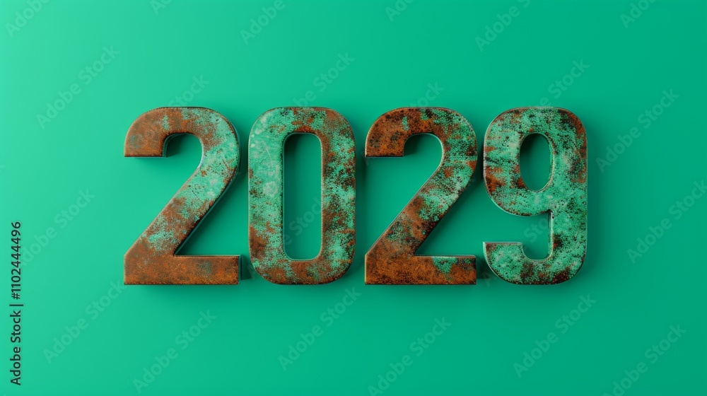 Poster a 3d-rendered 2029 in a rustic green and orange palette, symbolizing transition and time, presented 