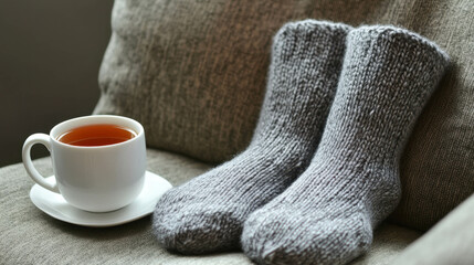 Warm knitted socks and a cup of tea on a cozy couch, a perfect scene for relaxation.