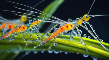 Close-up of a vibrant insect perched on a dew-covered blade of grass, against a soft green backdrop.