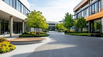 Fototapeta premium Modern Architectural Outdoor Space with Green Trees and Walkway in Bright Daylight