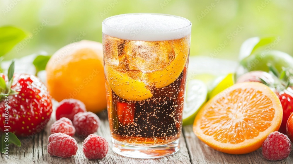 Poster refreshing citrus drink with bubbles and fresh fruits on table