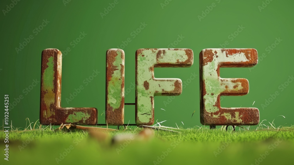 Poster a 3d rendering of the word life in weathered, metallic letters, set against a natural green backgrou