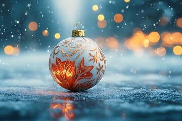 Christmas ornament glowing on snowy surface with falling snow and bokeh lights