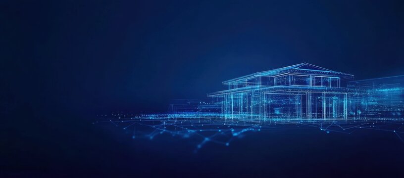 A blue digital house with lines and dots connecting it to other houses, creating an abstract representation of the smart home technology that is being used in homes across America Generative AI