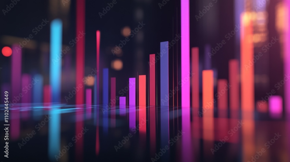 Poster Colorful abstract bar graph with reflective surface and glow effects