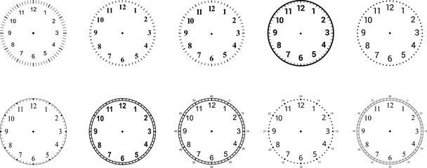 Mechanical clock faces with arabic numerals, bezel. Timer or stopwatch element. Mechanical clock face dials template set. Classic clocks and watches with arabic and roman numerals for your own design 