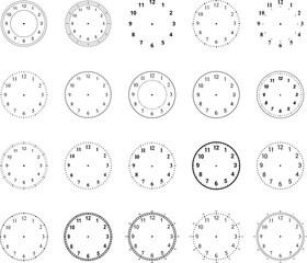 Fototapeta premium Mechanical clock faces with arabic numerals, bezel. Timer or stopwatch element. Mechanical clock face dials template set. Classic clocks and watches with arabic and roman numerals for your own design 