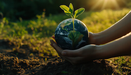 hands holding the planet Earth with a young plant, close-up view, in the style of a stock photo, on a background of a green field and sunlight, with copy space for a concept of a World Environment Day