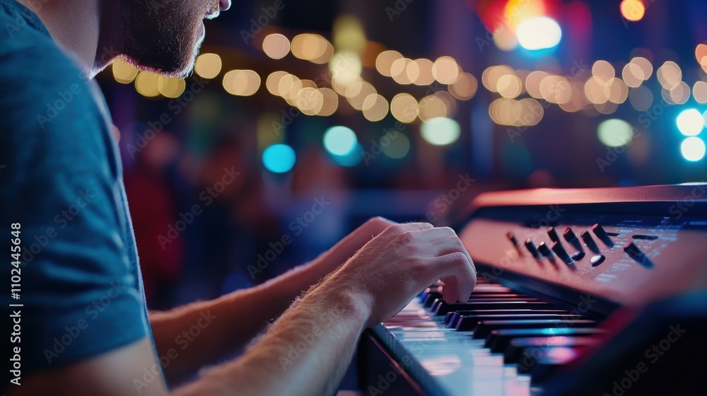 Poster close-up view of musician playing keyboard in a cozy ambient setting with warm lights