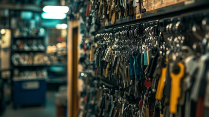 "Keys Hanging on Hooks in a Store: Display of Various Key Types"

