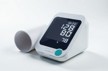 Modern digital health monitor with cuff on white background.