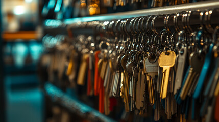 "Keys Hanging on Hooks in a Store: Display of Various Key Types"

