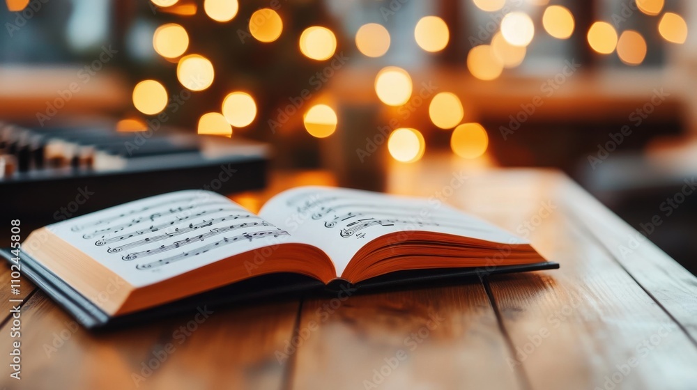 Aufkleber open music sheet on wooden table with warm bokeh background creating a cozy and artistic atmosphere