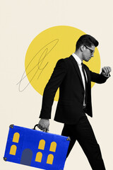 Vertical photo collage of serious man realtor walk carry home suitcase wear formal suit look...