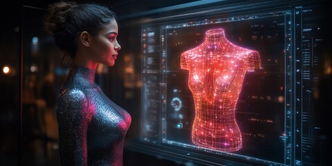 A woman observes a glowing holographic model that elegantly intertwines technology and creativity, showcasing innovation in a modern workspace at night