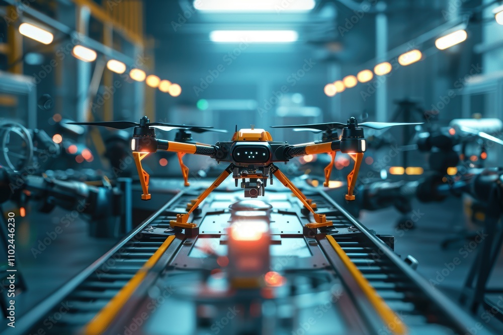 Aufkleber advanced drone manufacturing with engineers and robotic arms in a modern factory setting