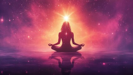 Silhouette of a woman meditating in lotus pose against a fantastical cosmic space background. The concept of meditation and the mind.