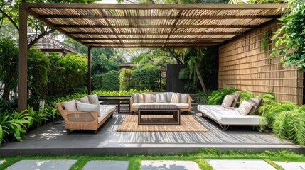 Modern Outdoor Lounge with Bamboo Furniture for Relaxation and Greenery