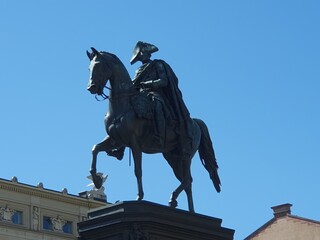 Close up of the historic bronze equestrian statue of Prussian emperor Friedrich der Große...