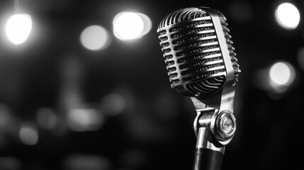 Classic Retro Microphone on Stage with Blurred Background Lights