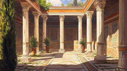 Majestic remains of an ancient roman villa with marble columns and frescoed walls. Archaic. Illustration