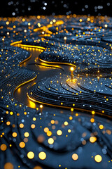 A captivating abstract landscape featuring shimmering lights and flowing lines, evoking a sense of depth and movement in a dark setting.