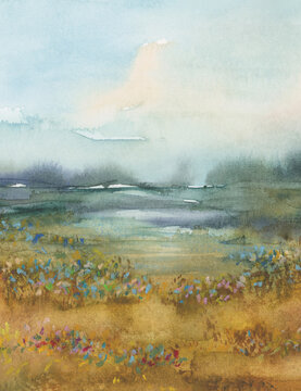 Ink watercolor, pastel hand drawn smoke flow stain nature landscape on wet paper texture background.