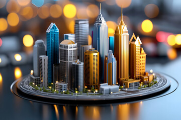A miniature cityscape featuring skyscrapers in gold and silver tones, illuminated against a blurred background of warm lights.