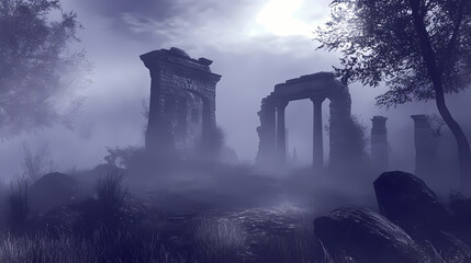 Mysterious ruins in the mist: a haunting landscape. Archaic. Illustration