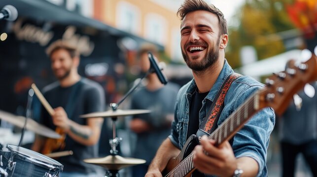 Joyful Musician Playing Guitar and Singing at Outdoor Event with Band in the Background - Powered by Adobe