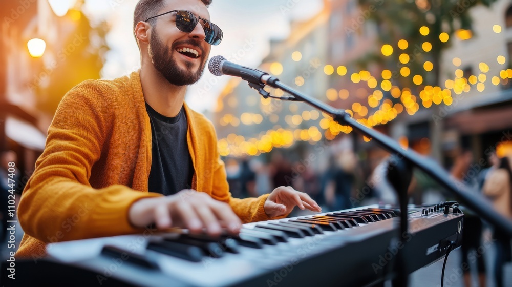 Poster young man performs with keyboard and microphone in vibrant outdoor setting with warm bokeh lights in