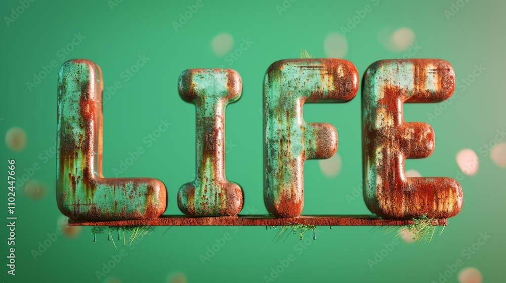Poster a 3d typography of the word life with rust-covered metal letters, arranged in a textured setting aga