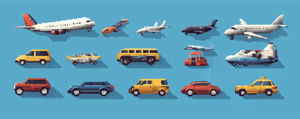Design pixel art transportation icons like cars and airplanes, vector icon design, flat style.