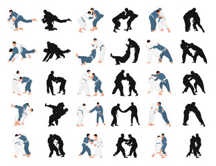 Silhouette of judoist, judoka, fighter in duel, fight, judo sport. Martial arts
